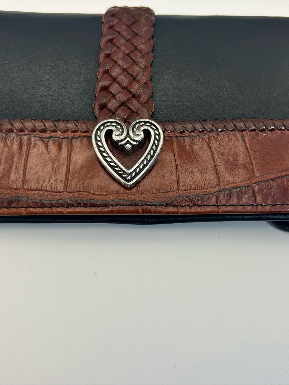 Brighton Two-tone Leather Braided Wallet Black Brown Silver Plated Heart Vintage - Picture 3 of 13